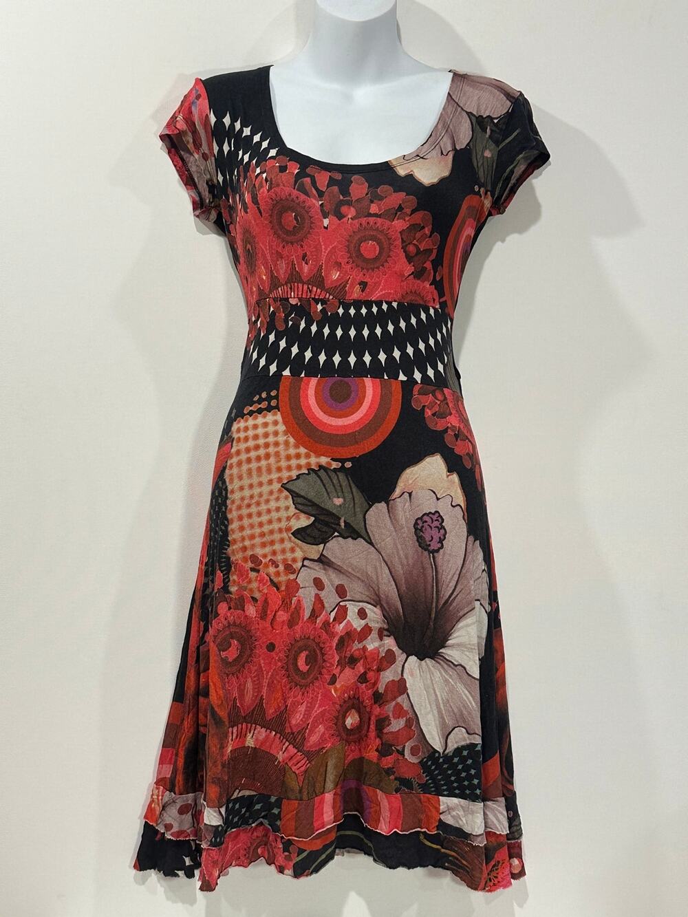 Vintage Desigual Red Black Retro Floral Mod Circle Empire Midi Dress Small